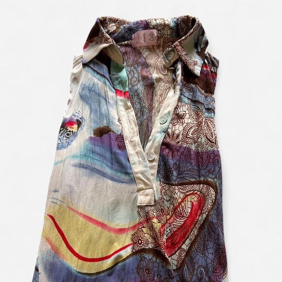 Vintage 2000s unique Sheer Boho Print Dress – Funky Retro Swirl Graphics M - Picture 4 of 8